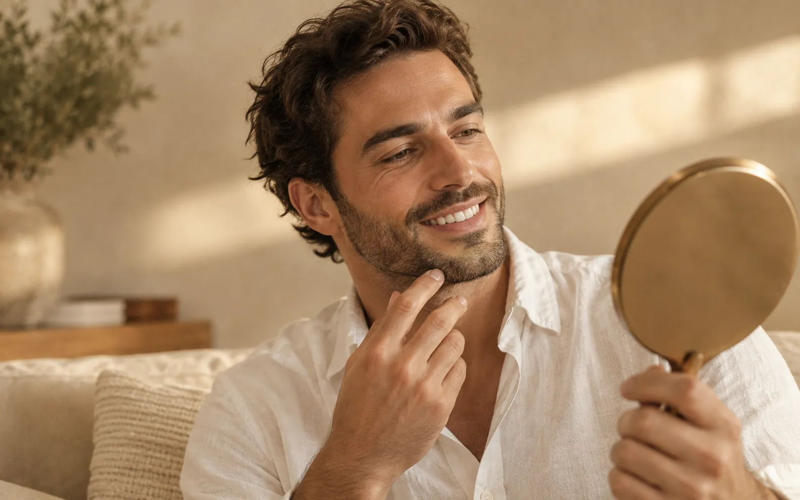 Hombre mirándose la sonrisa en un espejo