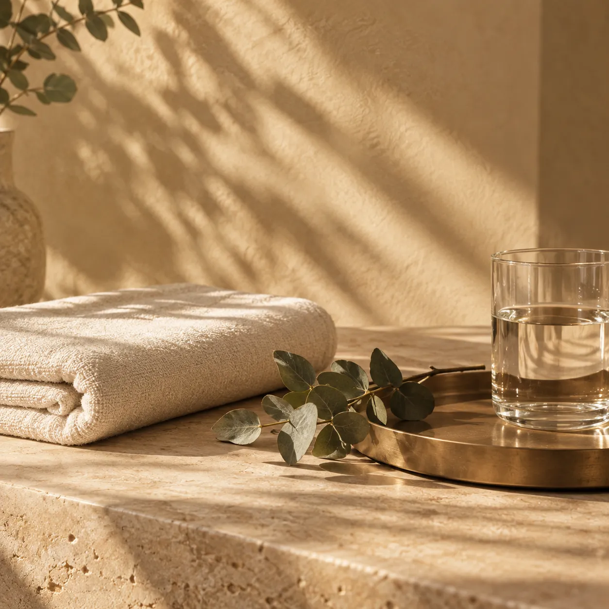 Toalla y vaso de agua sobre piedra