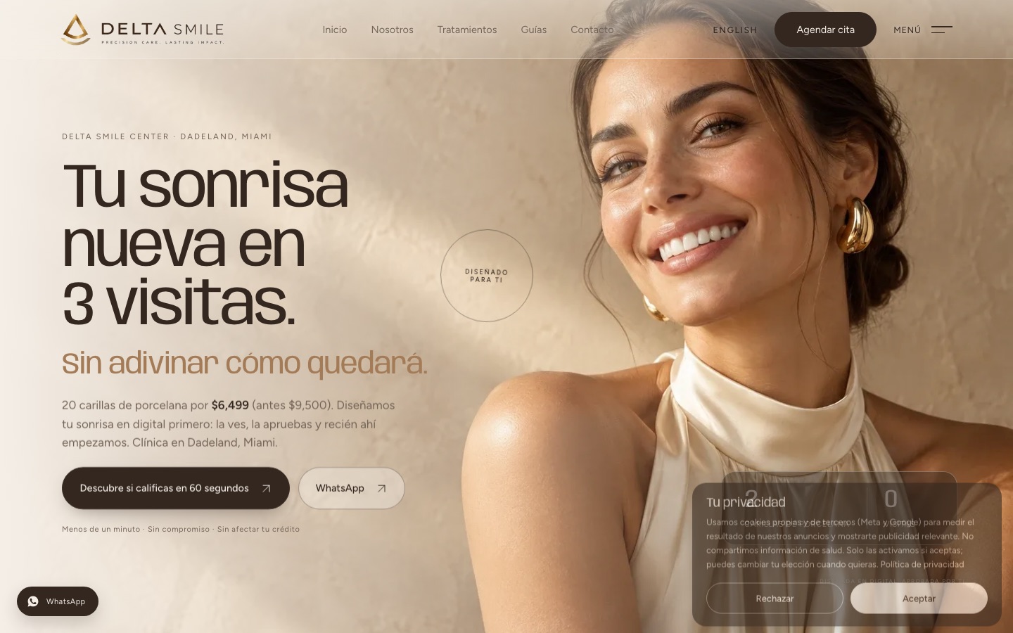 Portada actual de deltasmilecenter.com con una modelo generada por IA